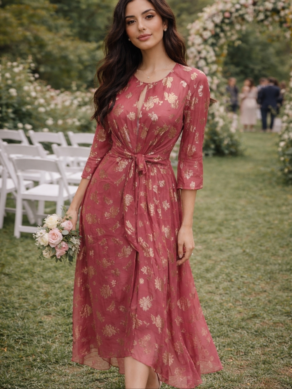 Opaline Designer Sheer Silk Dusty Rose Metallic Floral Tie-Waist Midi Dress - Picture 10 of 11